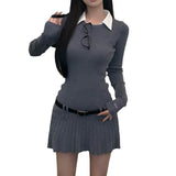 Style Fake Two Shirt Skirt Women Autumn And Winter Hot Girls Splicing Shirt Collar Dress Slim Thin 100-Fold Skirt