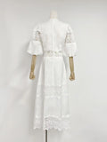 Australian Round Neck Lantern Sleeve Short Sleeve Water-Soluble Lace Splicing Holiday Style Temperament White Dress Dress
