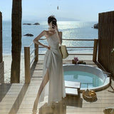 Seaside Holiday Dress 2024 New Summer Slanted Shoulder Sling Temperament Slim Skinny Dress