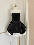 A line Strapless Velvet Black Holiday Dress Travel Vacation Dresses Short Birthday Dress SD1257
