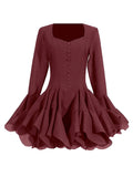 Fairy Dress 2025 New Square Collar Single Buckle Lotus Side Horn Sleeve Short Dress