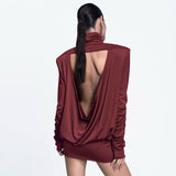 Women's Autumn And Winter High-Collar Pad Shoulders Loose Multi-Fold Sexy Back Short Skirt DJPT