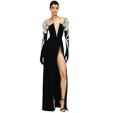 Card Shoulder Long Sleeves Chest V-Neck Pattern Hot Diamond Banded Dress Sexy Temperament Dress Dress