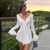 Women's 2024 Lotus Leaf Edge Tie Rope Horn Sleeve Dress DJPT