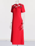 French Dress 2025 Spring New Red Collar Three-Dimensional Bow Spliced Hollow Dress Women's Dress