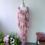 Holiday Fairy Pink Broken Flower Dress Design Feeling Lotus Leaf Side Flowing Long Dress 2024 New Model