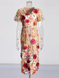 Court Style 2025 Summer New V-Neck Bubble Sleeve Embroidered Three-Dimensional Flower Pencil Dress Female