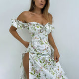 Bohemian Floral Bosom Long Dress French High-Waisted Fork-Repair Temperament Shoulder Dress DJPT
