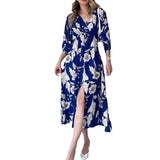 Women's Summer V-Necked Print Skirt High Waist-Comfort Temperament Open-Broken Flower Dress