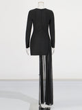 Famous Wind 2025 Summer New Round Collar Long Sleeve Black Diamond Tug Tug Pure Color Dress
