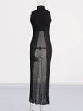 Women's Clothing 2025 Spring Personality Standing Sleeveless Open Forked Perspective Knitting Sexy Long Top