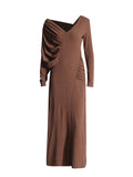 Comfort Elegance Wind 2025 Summer New V-Neck Long Sleeves Folded Asymmetric Design Dress