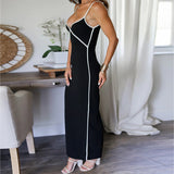 Summer New Women's Sexy Bare Back Black And White Lines Bump Color Chest Sling Dress