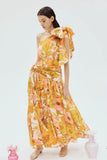 Summer New Shoulderless Sleeveless Bow Tie Ting Waist Layered Print Long Dress Woman