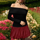 Women's New Word Collar Shoulder Long Sleeve Splicing Floral Skirt DJPT