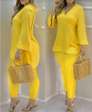 Explosion Color New Plain Horn Sleeve V Collar Top And Trousers Fashion Lady Set DJPT