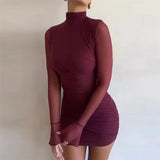 Fashion Sexy Round-Neck Long-Sleeved Perspective Solid-Color Bag Hip Short Dress