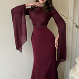 And Autumn 2024 Solid Color Splicing Big Swing Sleeve Collar Body Repair Dress Dress