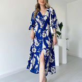 Women's Summer V-Necked Print Skirt High Waist-Comfort Temperament Open-Broken Flower Dress