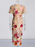 Court Style 2025 Summer New V-Neck Bubble Sleeve Embroidered Three-Dimensional Flower Pencil Dress Female