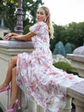 Summer British Tide Brand Dream Fairy Flower Net Collar Bubble Sleeves Wide Swing Flowing Dress Dress