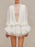 Famous Party Dress 2025 Summer New Deep V-Neck Long-Sleeved Lotus Leaf Side Solid Color Lace Dress