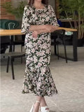 East 2024 Spring New Printing Waist Thin Exotic Style Long-Sleeved Long-Sleeved Dress Woman