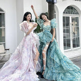 2025 New Fugitive Princess French Retro Niche Design Chopped Flowers Tailed Collar Bubble Sleeve Dress