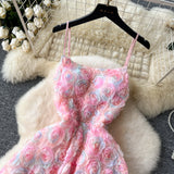 A line Spaghetti Straps Pink Floral Holiday Dresses Midi Length Women's Dress SD1274