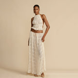 Explosive Dew-Back Strap Hanging Neck Top Set Wood Ear Chiffon Wrinkle Long Dress Two Sets