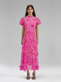 Lace Dress Women's Summer 2025 Three-Dimensional Flowers Short Sleeves To Show Thin Temperament Rose Red Dress Dress