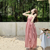 Lotus Leaf Side Pink Holiday Hanging Back Hanging Neck Sling Dress Female Atmosphere Feel Seaside Take Pictures Long Skirt