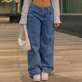 Burst Low-Rise Jeans Fashion Retro Straight Pants Loose Street Style Denim Trousers DJPT