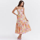 New Long Dress Print Sling Skirt Word Shoulder Fold Lace Crumped Dress