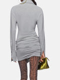 Babes Gray Long-Sleeved Polo Collar Short Dress Girl Niche Fall Sexy Irregular Hollow Dress