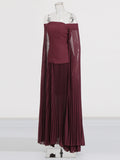Famous Wind 2025 Summer New One-Word Shoulder Ribbon Sleeve Design Top + Folded Mesh Dress Suit Female