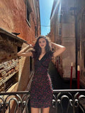 Retro Black V-Neck Rose Crush Babes Body Dress Female Pure Ass Long Skirt