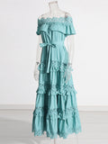Court Style 2025 New Heavy Industry Lotus Leaf Side Shoulder Shoulder Lace Dress Solid Color Dress Woman