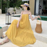 Seaside Holiday Yellow Bareback Sling Skirt Chiffon Design Long Dress Thai Bali Beach Dress
