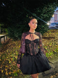 Autumn And Winter Series Lead Lace Long-Sleeved Black Lace Shoulder-Puff Mini Dress Beauty