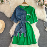 Hong Kong Flavor Temperament With Belt Round Tie Color Denim Shirt Spring New Chic Leisure Medium DJPT