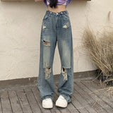 Ripped Jeans Women High-Rise Straights Loose Thin Design High Street Vibe Broad Leg Trousers DJPT