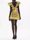 Lady Holiday Style Sexy V Collar Leaves With No Sleeves To Close The Waist Thin Yellow Print A-Shaped Dress Skirt