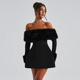 Women's Autumn And Winter One-Word Shoulder Hair Collar Sexy Hot Girl A Short Skirt DJPT