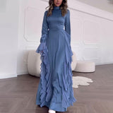 Women's Clothing Autumn 2024 Round Collar Horn Sleeve Temperament High-Waisted Splicing Tie With Dress Woman