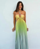 New Summer Gradient Hanging Neck Fold Fashion Dress Ladies Beach Holiday Dress
