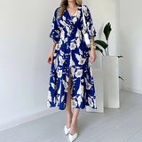 Women's Summer V-Necked Print Skirt High Waist-Comfort Temperament Open-Broken Flower Dress