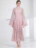 Autumn New Collar Horn Sleeve Lace To Receive Waist Long Dress Woman