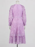 Bohemian 2025 Summer New Round-Neck Long Sleeve Zipper Design Solid Color Long Lace Dress
