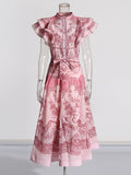 Bohemian Wind 2025 Spring New Neckline With Flying Sleeves To Close The Waist Print Medium Long Skirt Dress